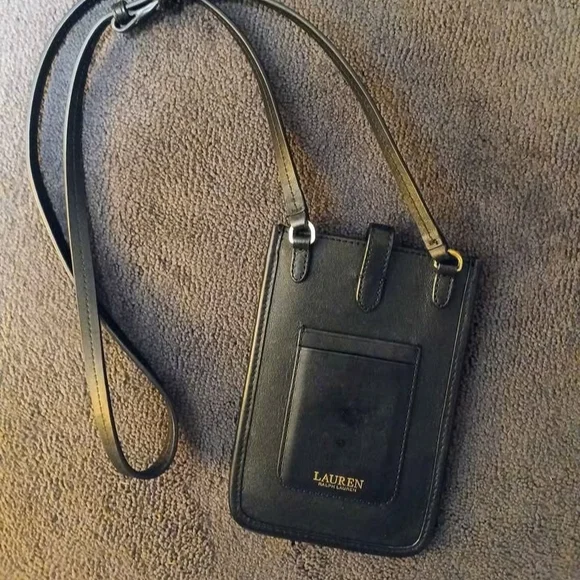 Lauren Ralph Lauren Black Leather Phone Crossbody with Gold Logo - Picture 1 of 7